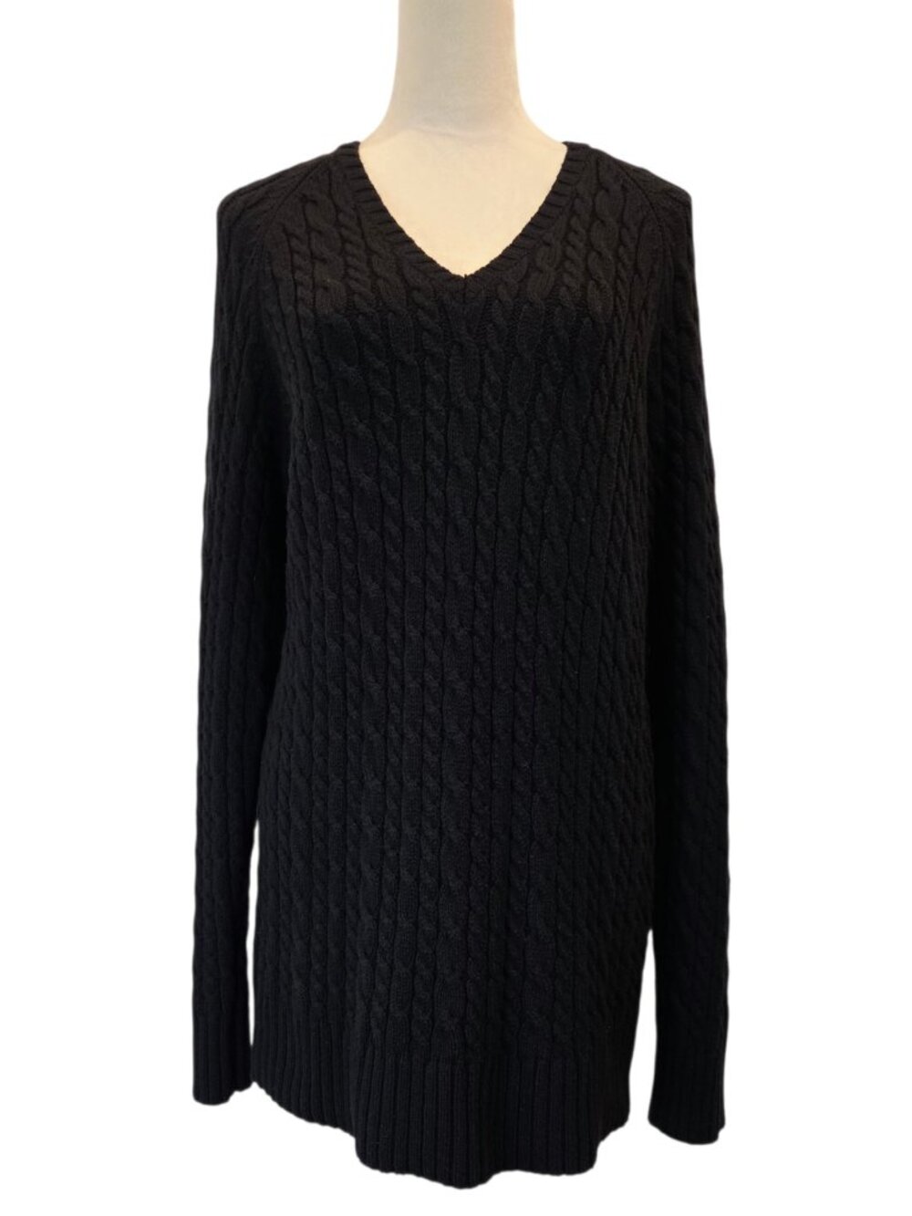 GAP Cable Knit Tunic Sweater V-Neck Cotton Long Pullover Black SZ L